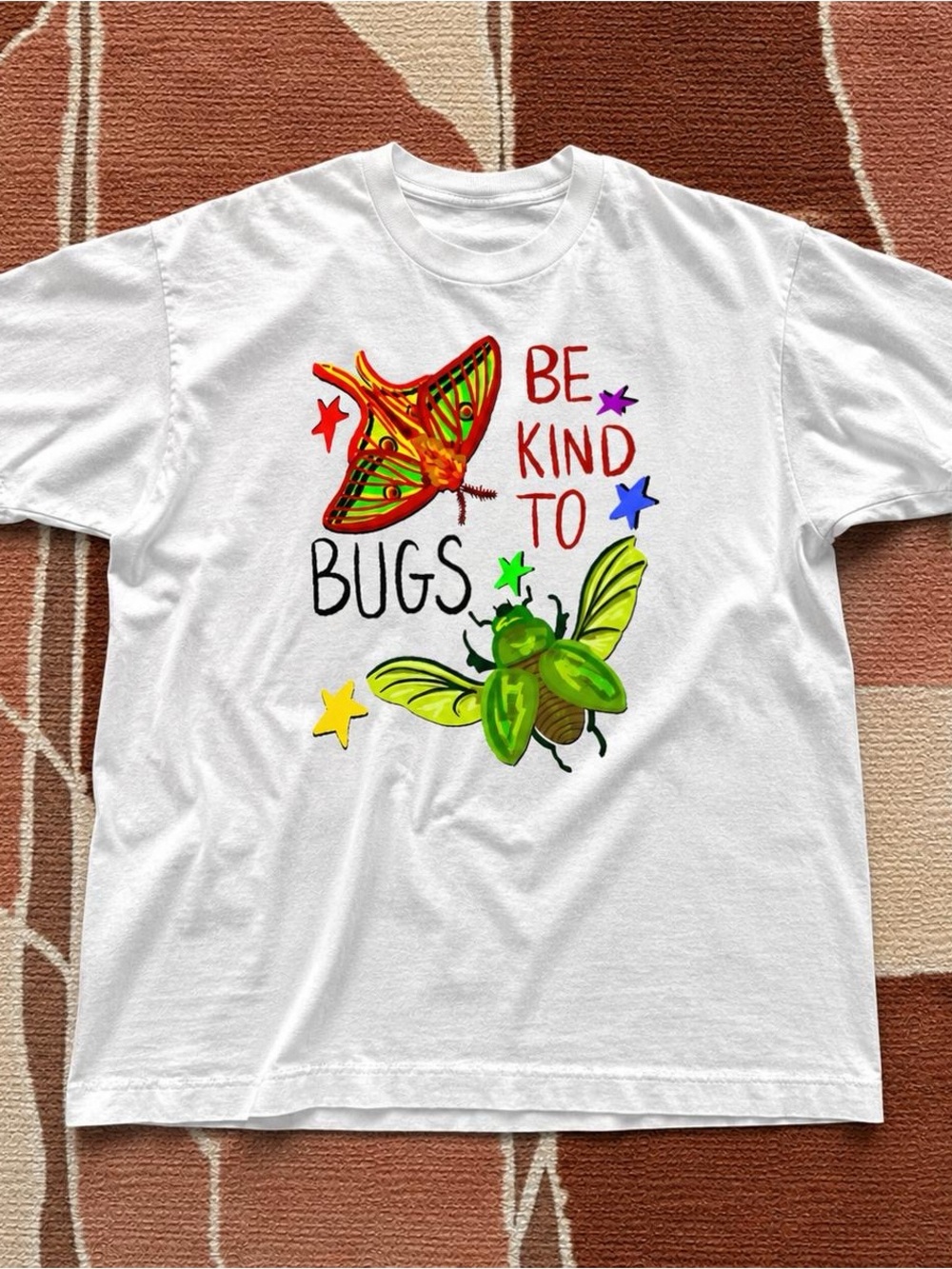 Gildan White Tee with Colorful Bugs and Butterfly Graphic - “Be Kind To Bugs”